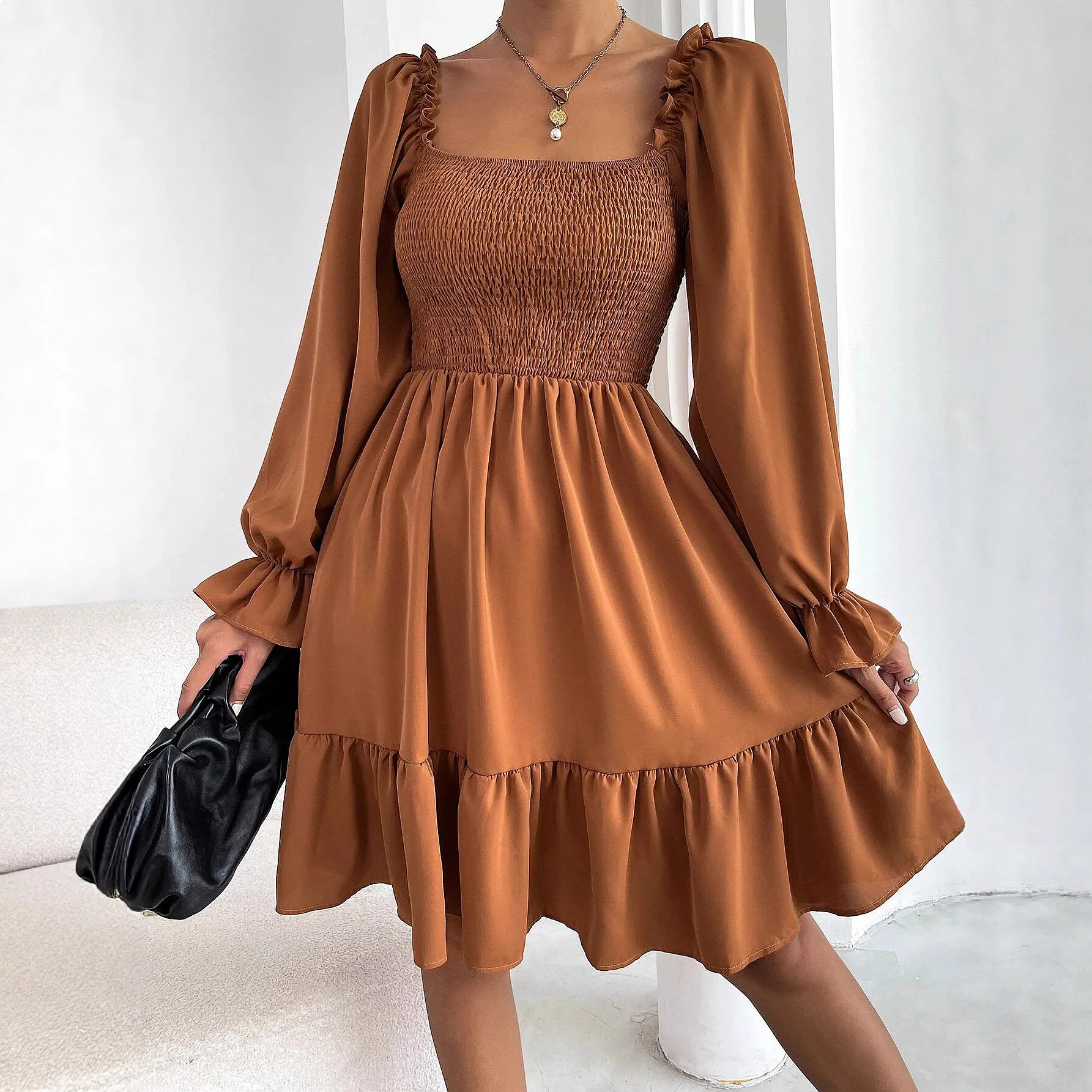 Dress Women's Simple Spring Summer Square Neck Smocked Bodice Ruffle Hem Dresses