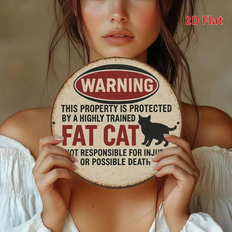 2D Flat, 1 Stück Vintage „Warning This Property is Protected by a Highly Trained Fat Cat“ Metallschild – Rustikale runde Wandkunst mit Bl
