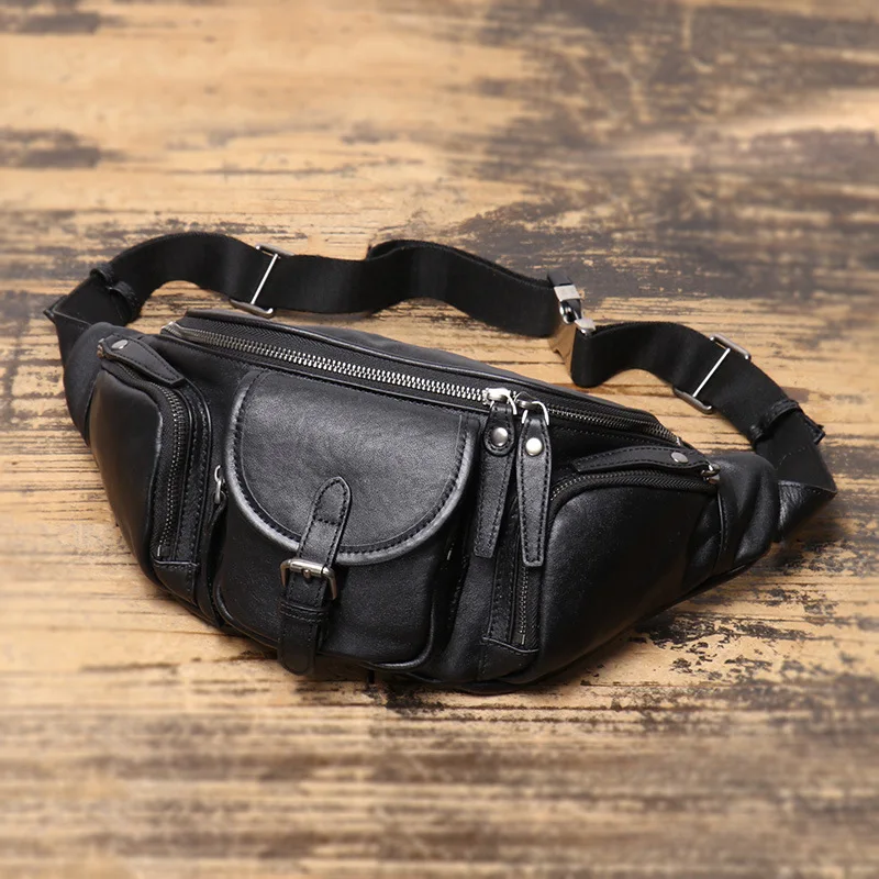 New Luxury Multifunction Fanny Waist Belt Bag Genuine Leather Black Men's Shoulder Cross Bag Outdoor Chest Bag Travel Bagpack