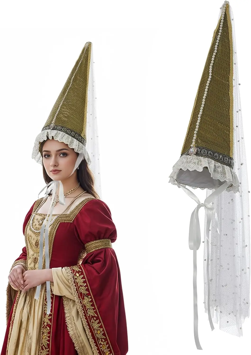 Middeleeuwse Hennin hoed met sluier kegel puntige hoed Renaissance clown heks cosplay Halloween accessoire