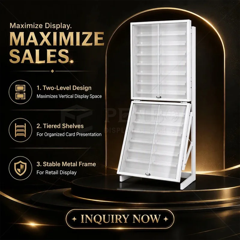 custom.Freestanding Trading Card Display Rack With White Metal Frame Glass Panels Angled Lower Shelves Collectible Card Stor