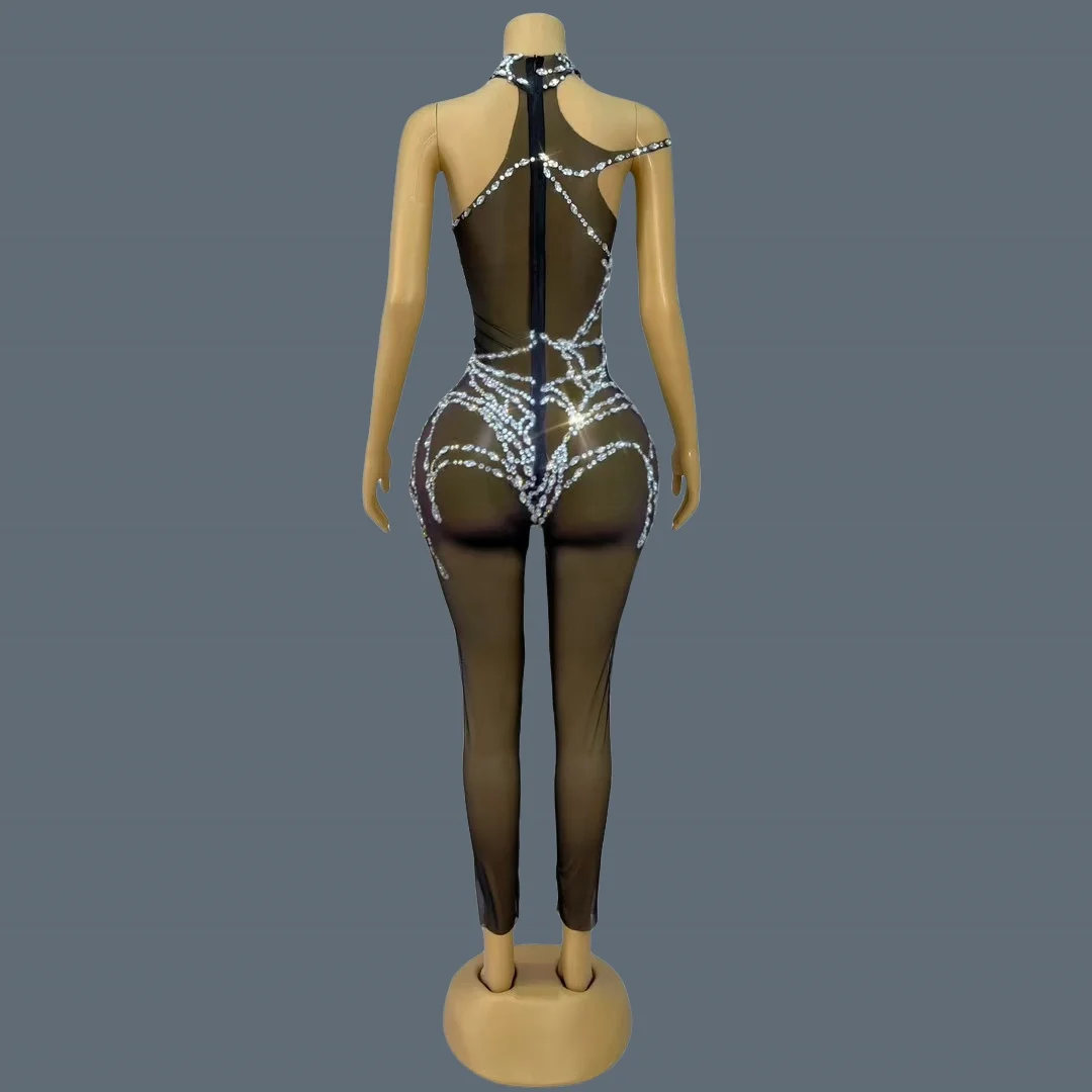 Women's Sparkly Diamonds Stretchy Mesh Jumpsuit Club Dance Show Costume Sleeveless Rompers Birthday Prom Bodycon Jumpsuit Zhizhu