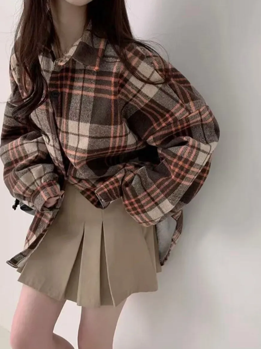 

Корейское клетчатое пальто, женское осенне-зимнее длинное пальто Све Fce на подкладке, универсальная шерстяная верхняя одежда