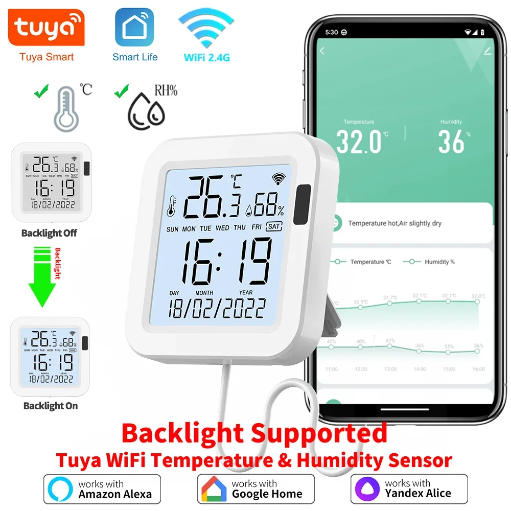 Sensor inteligente de temperatura y humedad con retroiluminación para el hogar, dispositivo con WiFi, compatible con Alexa y asistente de Google, Tuya, Var, SmartLife