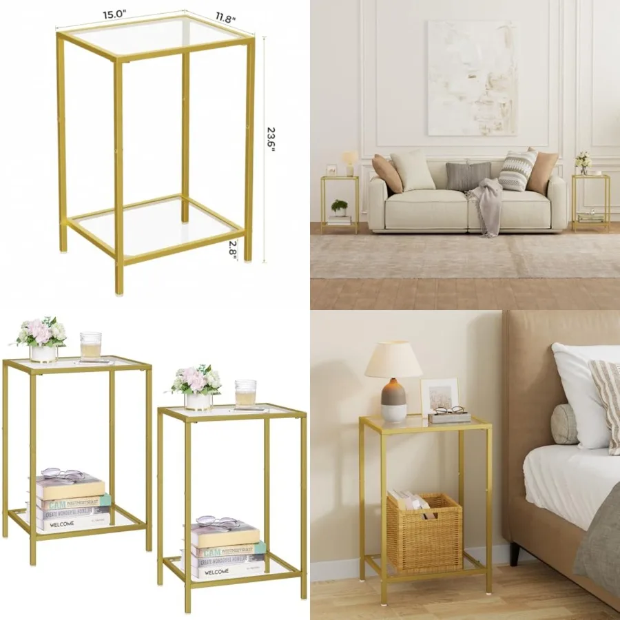 

Side Tables Set of 2, End Tables with Tempered Glass, 2-Tier Nightstands with Storage Shelves, Coffee Table with Modern Style, Slim Sofa Table for Living Room, Bedroom, 11.8" D x 15" W, Gold