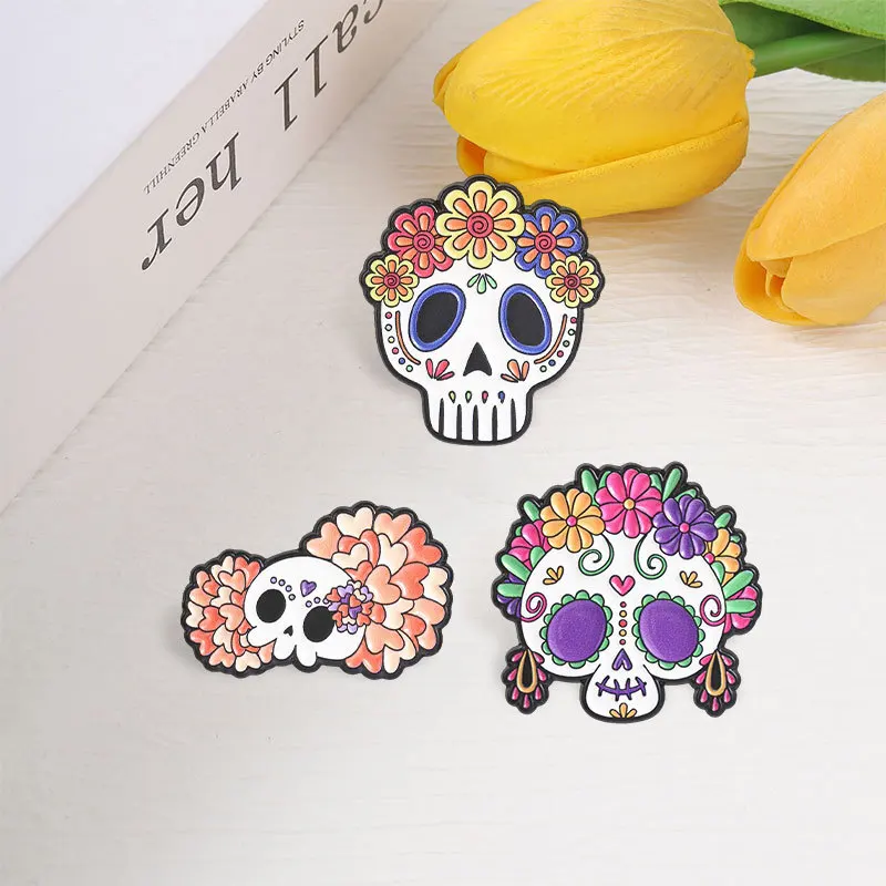 Halloween Brooches Day of the Dead Flower Skull Metal Badges Small Accessories Wholesale Hat Pins for Clothes Backpack Pin Lapel