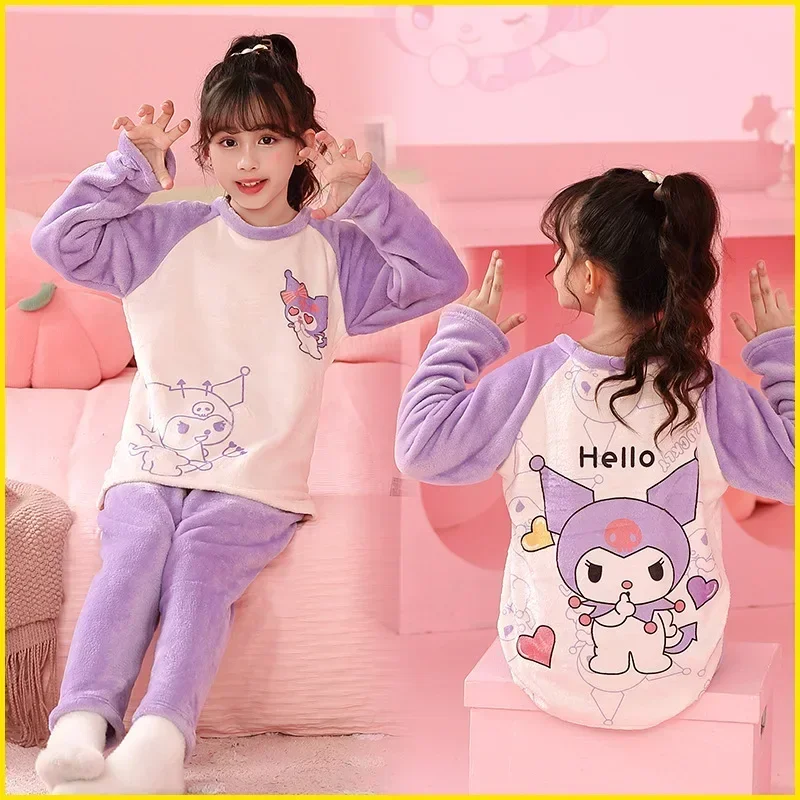 2024 Miniso Children Pajamas Sets Kawaii Anime Flannel Winter Kids Sleepwear Cute Autumn Pijamas Homewear Girl Warm Loungewear