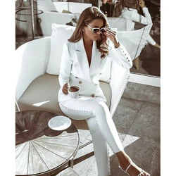 White Pants Suits Slim Fit Double Breasted Leisure Outfits Evening Party Bride's Wedding Formal Wear 2 Pcs Blazer Customized