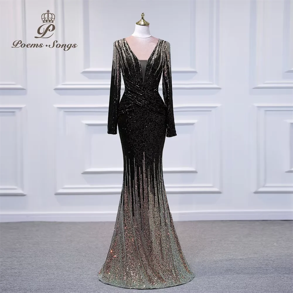 

Customized Sequin Long Sleeves style mermaid evening dresses vestidos formales vestidos de fiesta robe de soiree de mariage