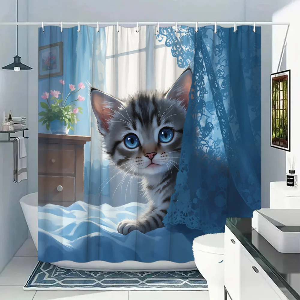 かわいい猫のシャワーカーテン、青い虎斑子猫プリント、3d動物のバスルーム装飾、防水生地、モダンな家の装飾