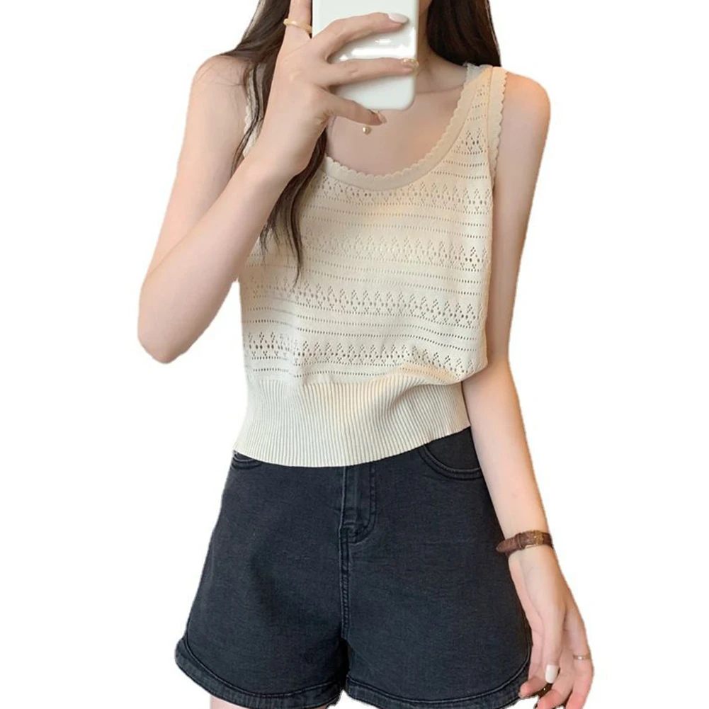 เสื้อเบลาส์ถักกลวงมีสไตล์พื้นฐานระบายอากาศได้แฟชั่นการออกแบบคอ O ผ้าโพลีเอสเตอร์ยืดหยุ่นเล็กน้อย