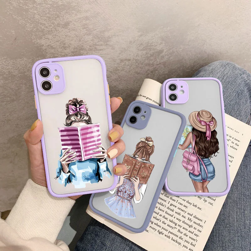 Read Book Coffee Girl Phone Case Cute cover for iphone X XS XR 16 15 13 14 12 11 Pro Max Mini 7 8 14 Plus SE2 Shockproof Cover