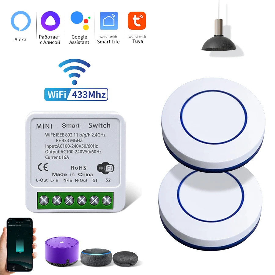 WiFi Smart Switch DIY Module Receiver Tuya Smart Life APP Alexa Google Home Voice Control RF433MHz Round Button Remote for Light