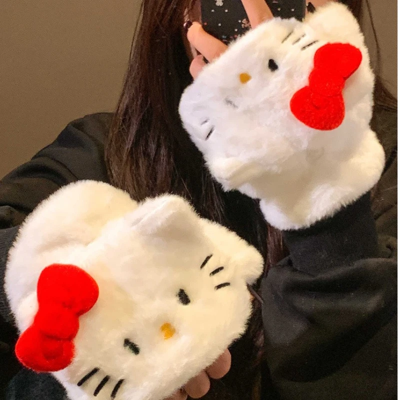 

2026 The New Hot-selling Kawaii Hello Kitty Flip Fleece Gloves Kids Winter Thickened Warm Gloves Outdoor Windproof