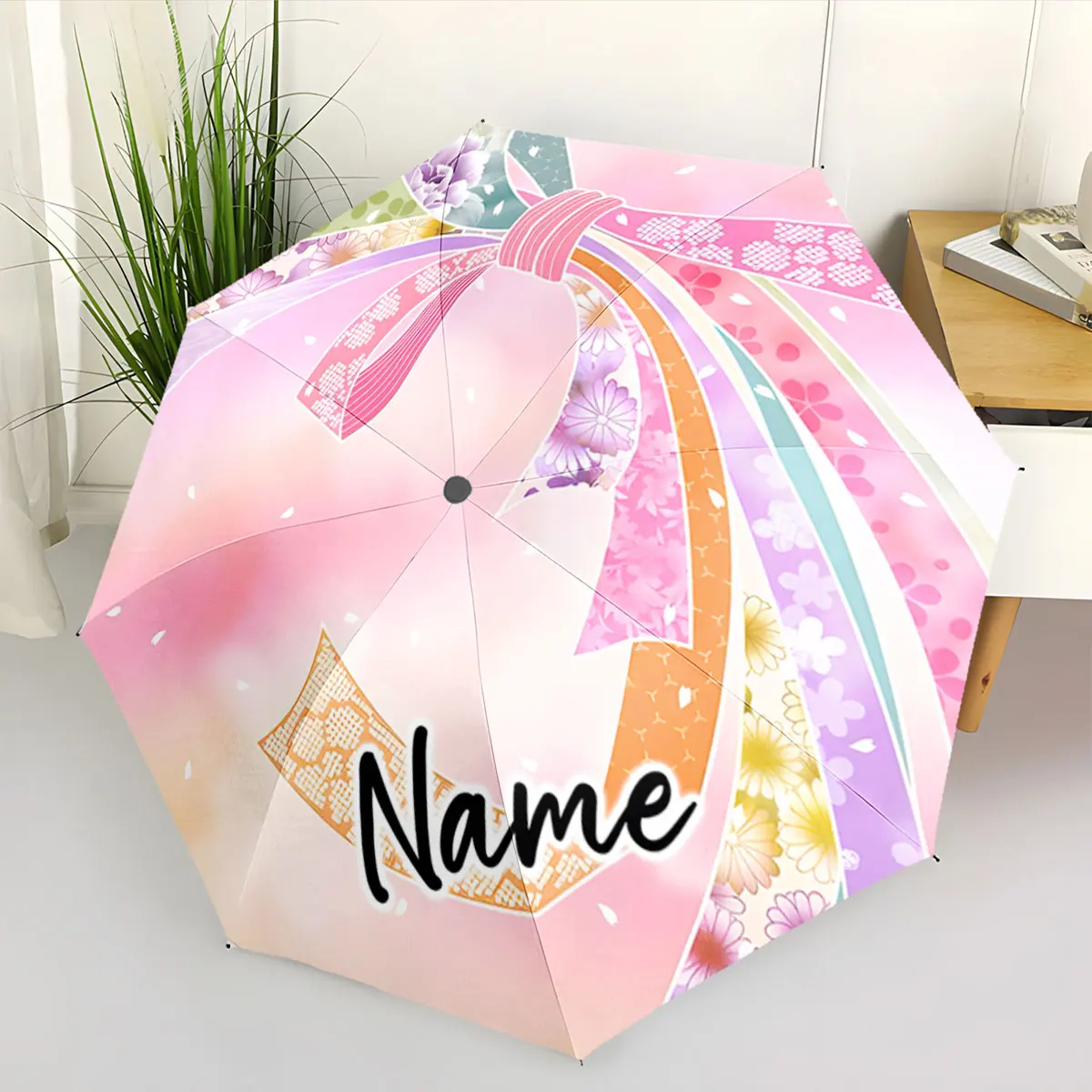 Custom Name Umbrella Elegant Umbrella with Floral and Bow Design Print 8 Iron Ribs Folding Umbrella Auto-Open Fashion Sunshade