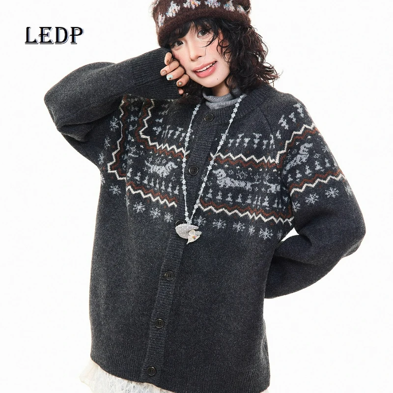 

Autumn Winter New Animal Print Knitted Women's Sweater Coats American Retro Design Loose Couple Versatile Cardigan Coat Ladies