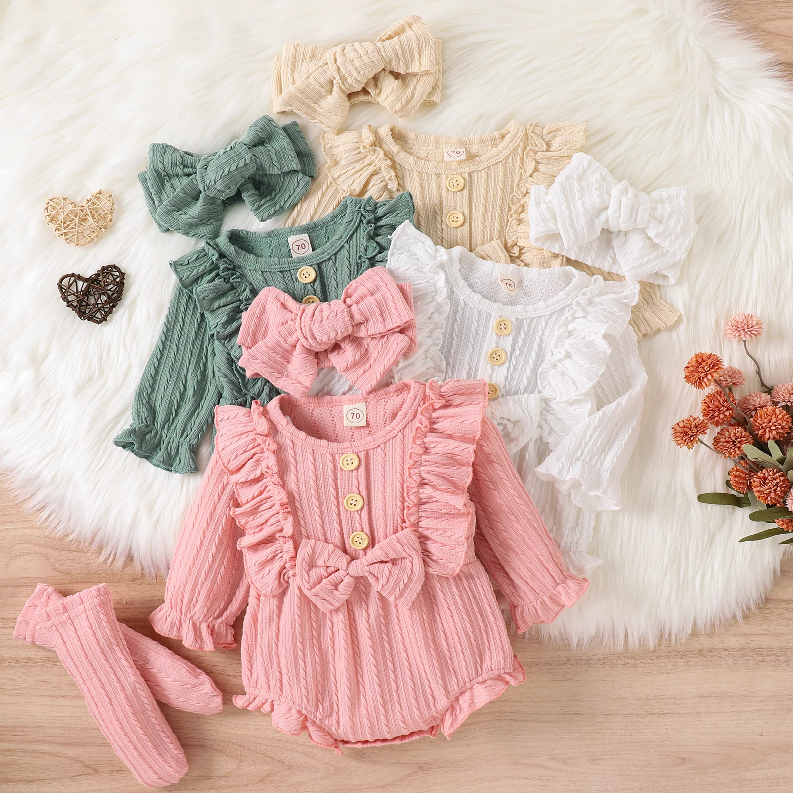 Newborn Infant Baby Girls 3Pcs Fall Outfits Long Sleeve Button Front Ruffle Romper + Leg Warmers + Headband Set