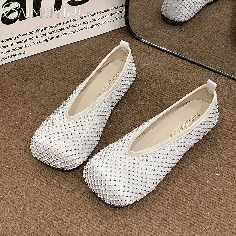 

Flats Ballet Shoes Women Sandals Mesh Crystal Square Toe Mary Jane Summer New 2025 Design Shallow Loafer Dress Casual Sandalias