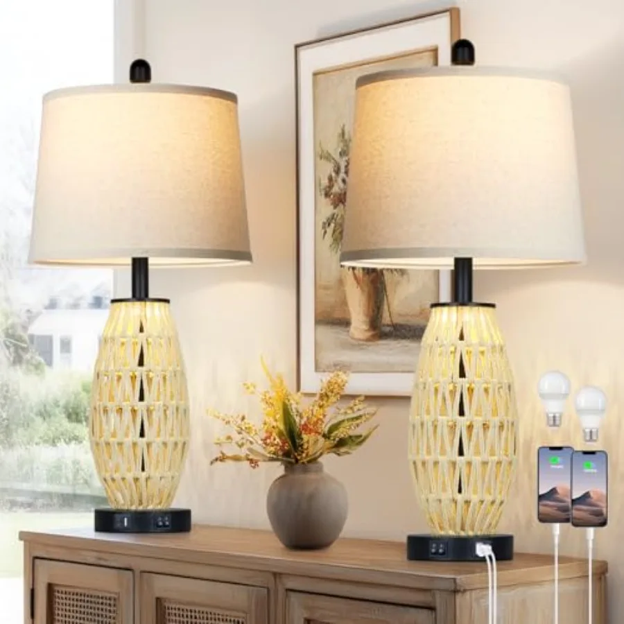

27" Boho Table Lamps with Night Light Natural Bedroom Lamps Set of 2 with USB A+C Charging Ports Rustic Farmhouse Woven Wicker
