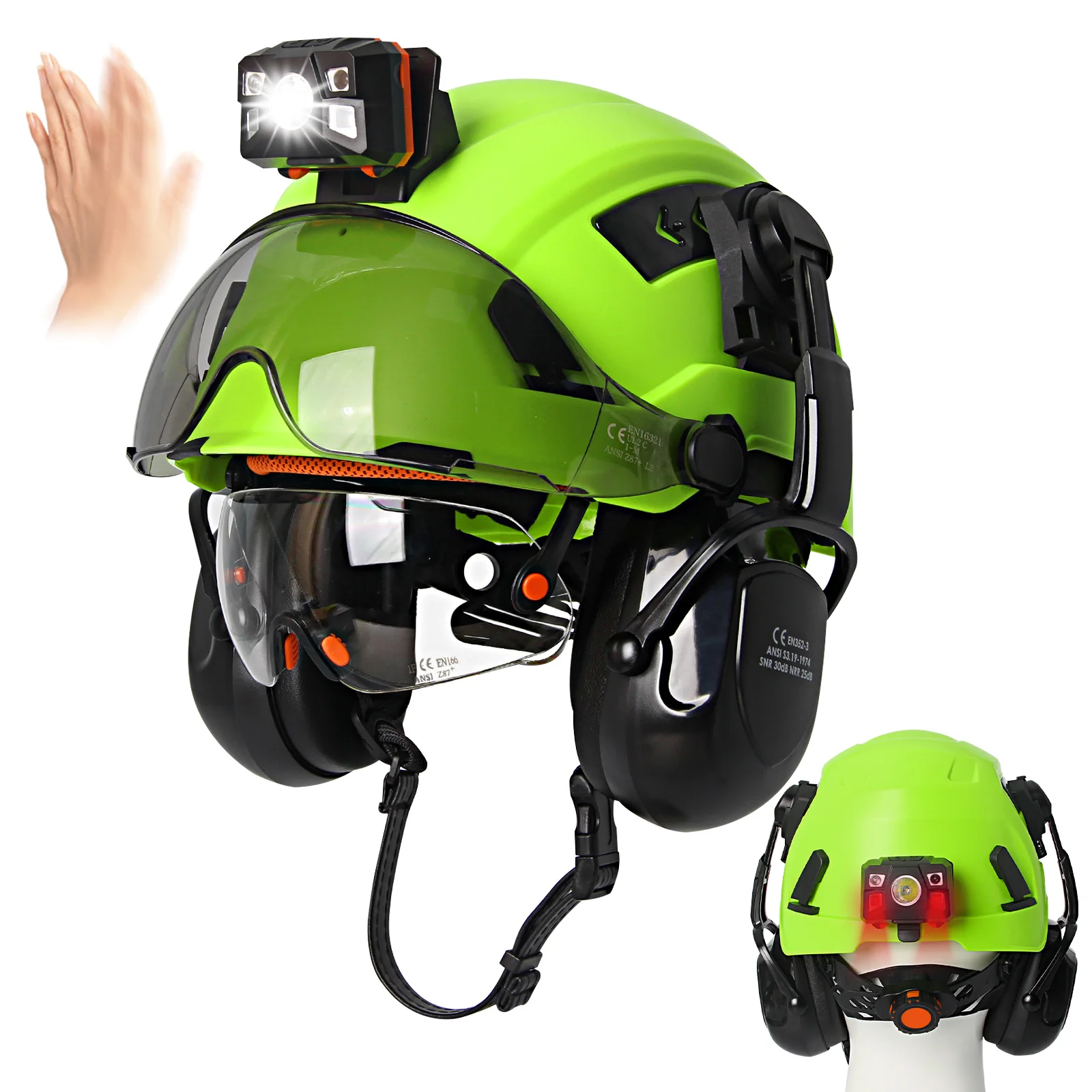 CE-Konstruktionsschutzhelm mit integrierter Schutzbrille, Visier, Stirnlampe, Ohrenschützer, ANSI, verschiebbarer, atmungsaktiver Ingenieur-Schutzhelm