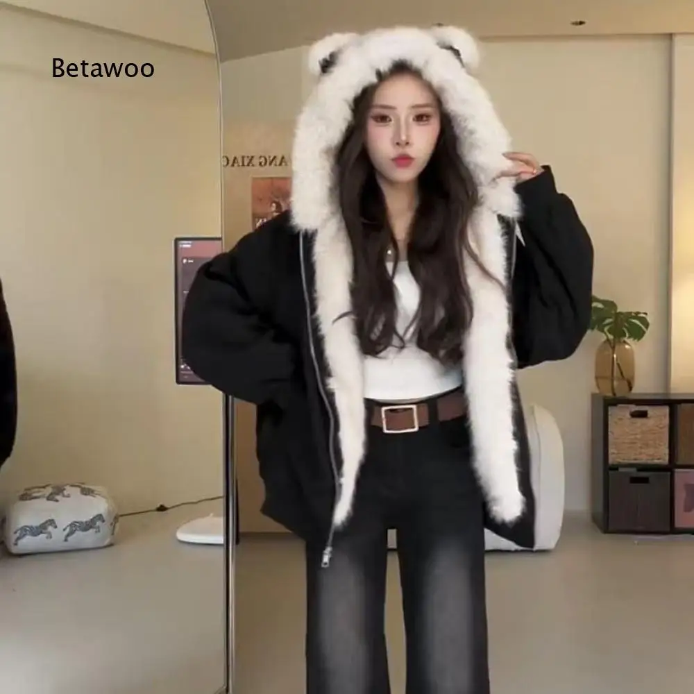 Cute Ear Design Hooded Winter Coat For Women Zip Up Loose Jacket With Soft Furry Lining For Creating Nice Cold Weather Looks