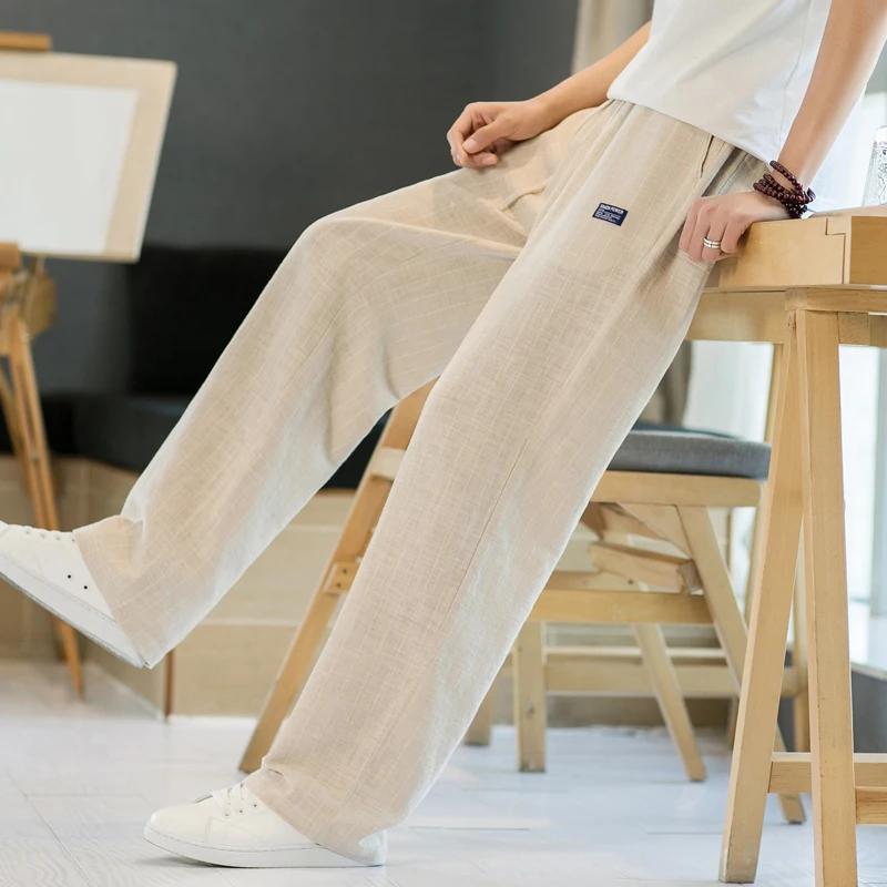 

Men's Summer Casual Striped Loose Straight Leg Cotton Linen Trousers Faionable All-Match Wide Leg Pants Harajuku Sle