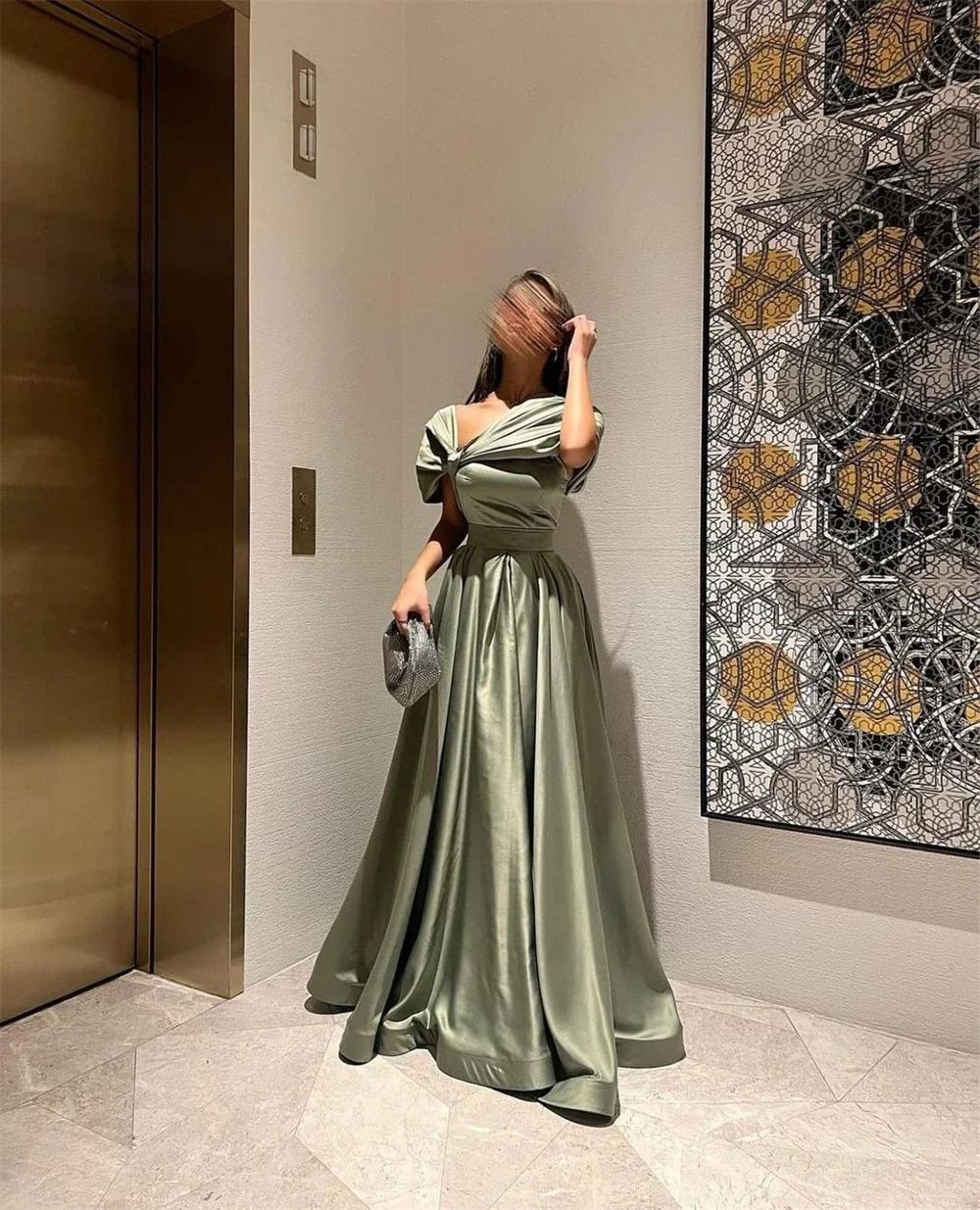 

LIYYLHQ Exquisite Sage Green Prom Dresses Asymmetrical One-Shoulder A-line Long Draped Satin Evening Gowns Vestidos De Noche