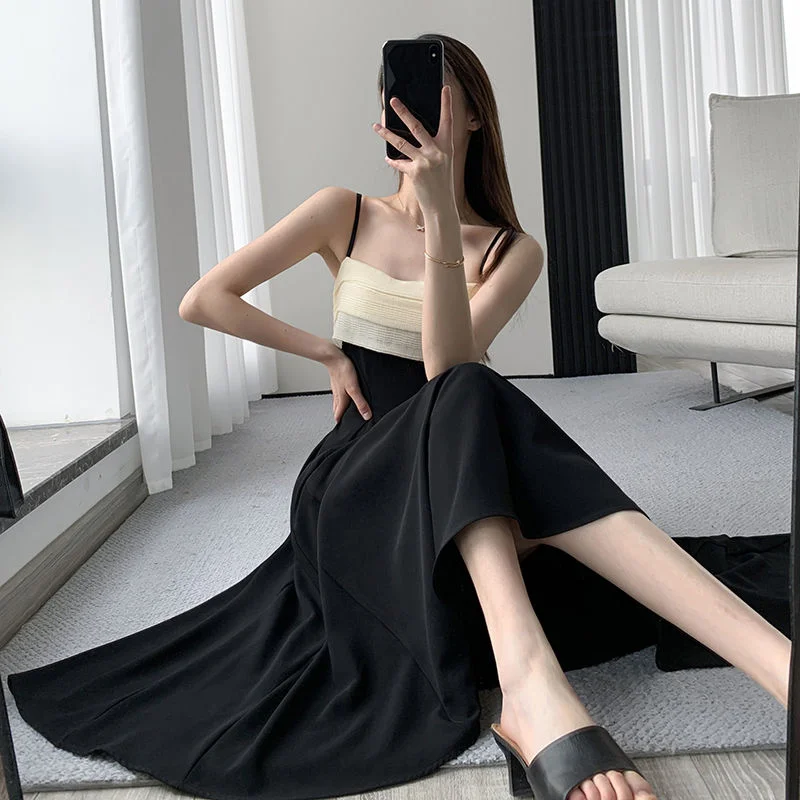 Black Patchwork Spaghetti Strap Dress A-Line High Waist Vintage Midi Dress Elegant Summer Dress Vestidos