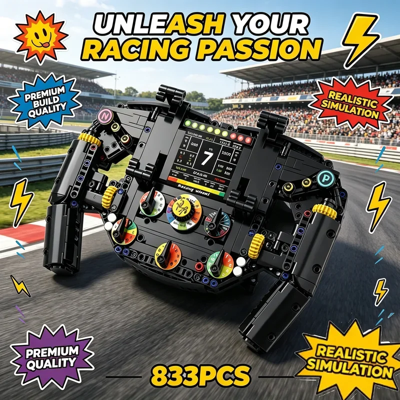 2026 New Technology Steering Wheel 833PCS Building Blocks Simulate Racing Wheels Model Mobile Phone Holder Assembly Toy DIY Gift