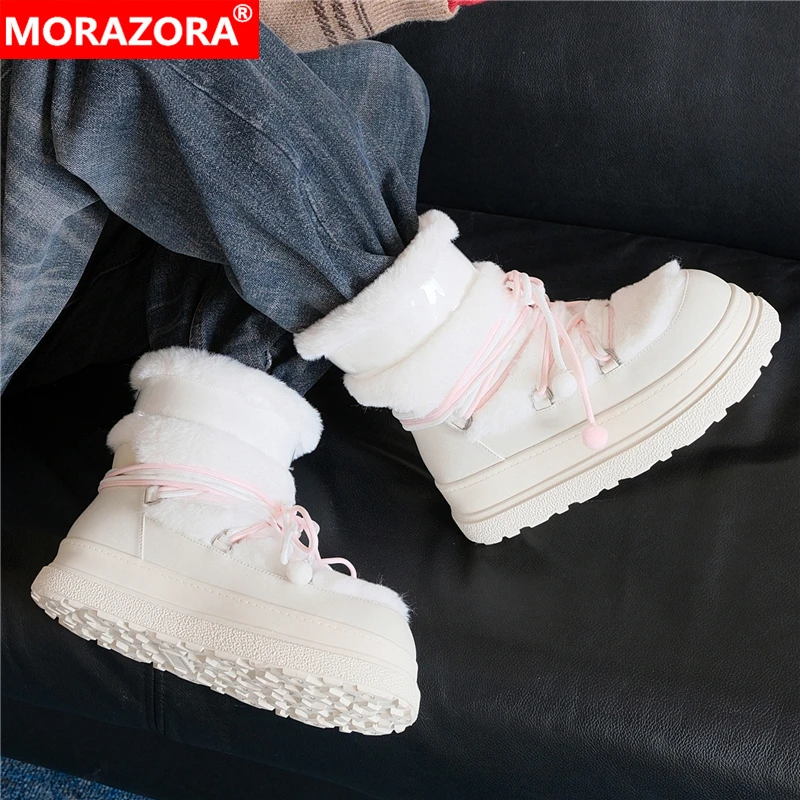 

MORAZORA Fashion Snow Boots Women Wool Blend Warm Platform Winter Boots Sweet Split Leather Ankle Boots Female Shoes