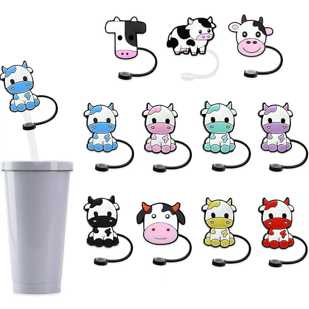 10mm/0.4in Cow Drinking Straw Cover Cap Farm Animal Reusable Drinking Straw Tip Lid Straw Topper Compatible with Stanley Tumbler