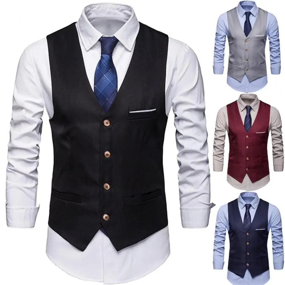 Chaleco de negocios con bolsillos para hombre, traje de tira blanca extraíble, chaleco clásico de Color sólido, ropa de trabajo de un solo pecho