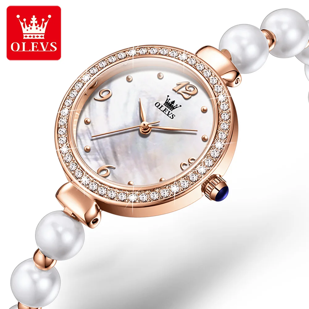 OLEVS Original Brand Women's Watches Fashion Pearl Chain Strap Waterproof Popular Quartz Watch Student Girl Trendy Diamond Inlay