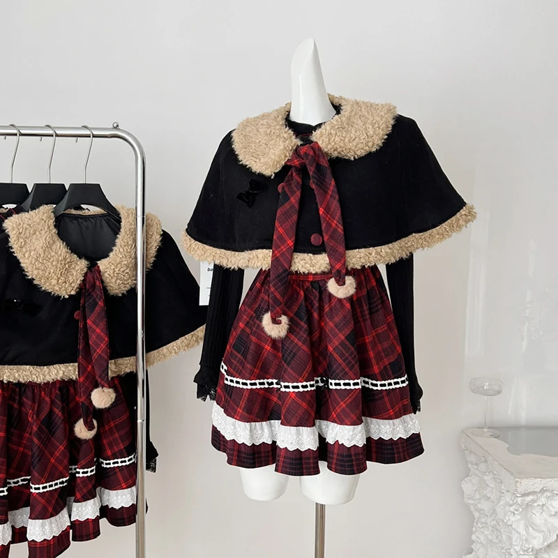 

Fashion Girlish Lolita Dress Women Two-piece Christmas Shawl A-Line Plaid Mini Dress High Quality Vestidos Mujer 2026 New