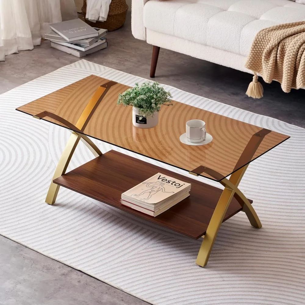 

Coffee Table for Living Room and Bedroom, 2-Tier Mid-Century Modern Table with Amber Tempered Glass Top and Walnut Finish Wood S