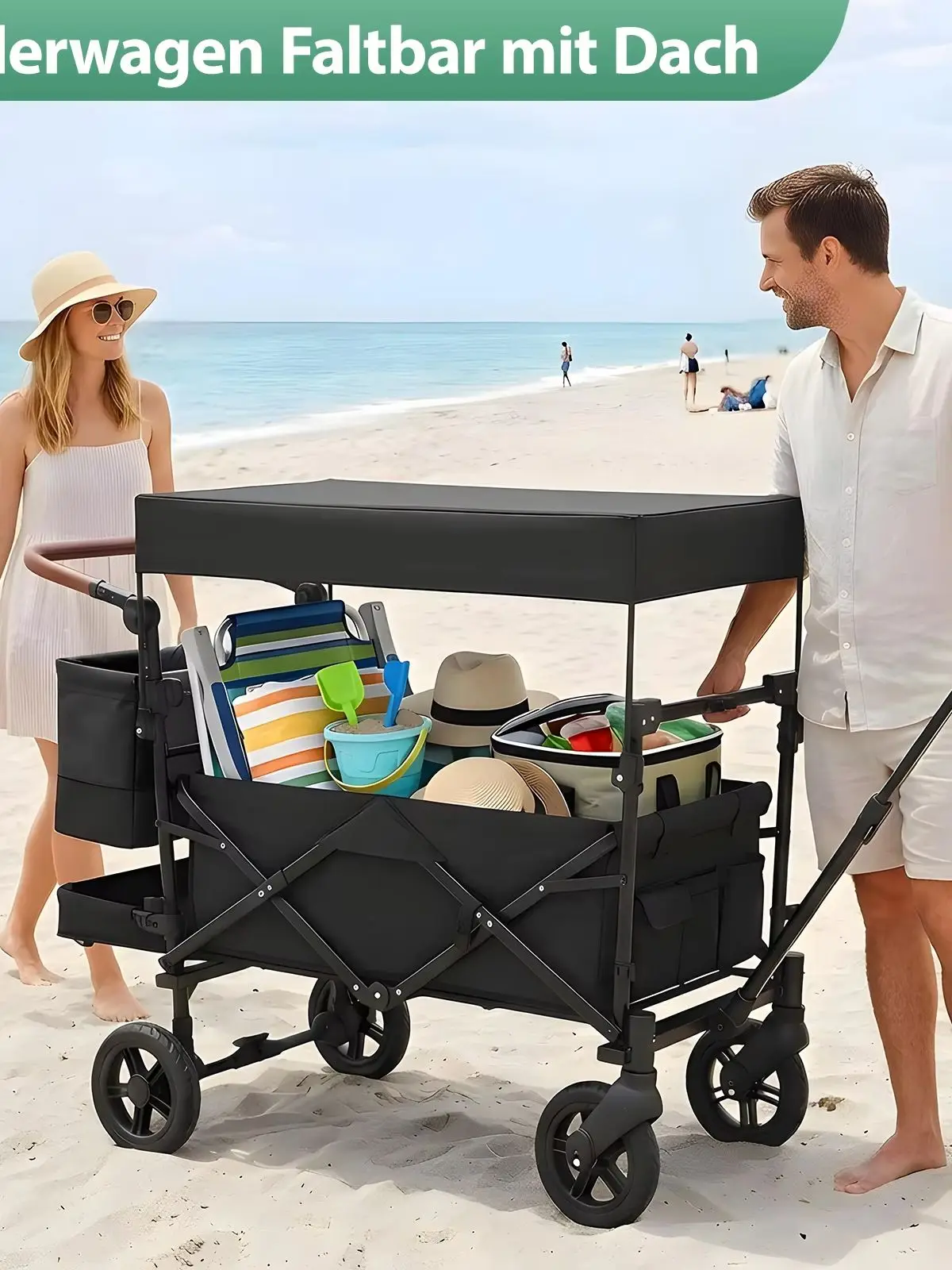 Bollerwagen Faltbar mit Dach 2 Kinder 100KG, Faltbarer Bollerwagen Handwagen Schiebegriff, Kinderwagen Stoßfest PU-Räder mit Bremsen 150L