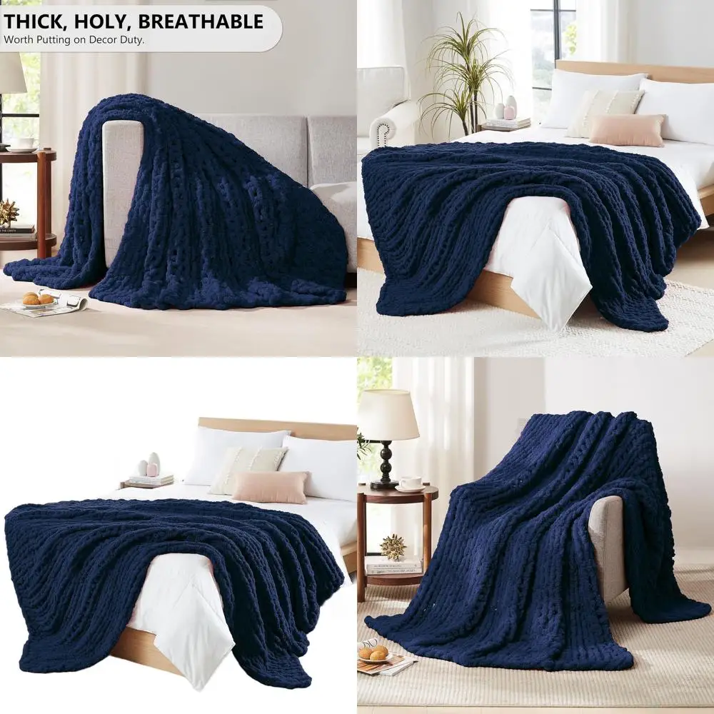 

Luxurious Hand-Crocheted Chunky Blanket, 50x60, 100% Chenille, Dark Blue Cable Knit for Home & Couch Decor