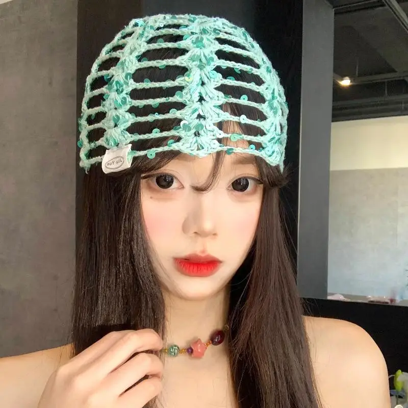 Vintage Sequined Hollow Knit Beanie Women Spring Summer Face Slimming Fashion Crochet Beanie Cap Triangle Scarf Belt Accessories