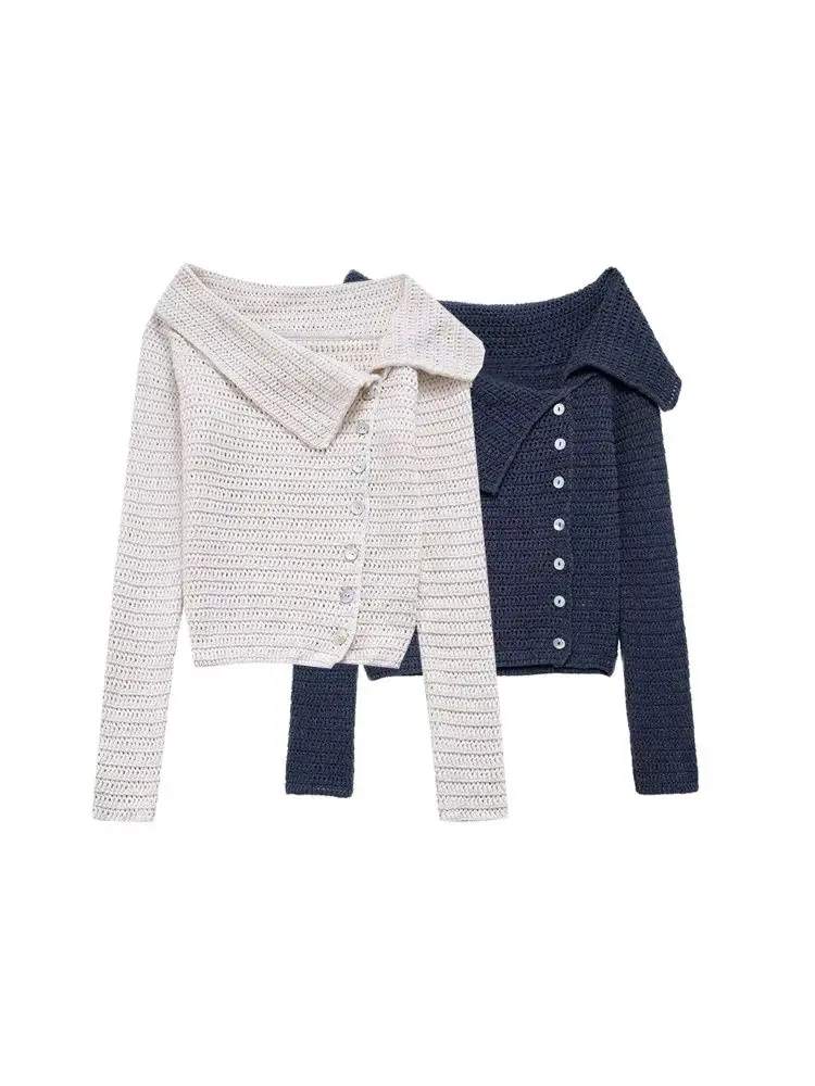 

GELITAYIN TRZA-Women's Front Crossover Button Knit Sweater, Wide Lapel Collar, Long Sleeve, Female Pullover, Chic Tops, Fashion
