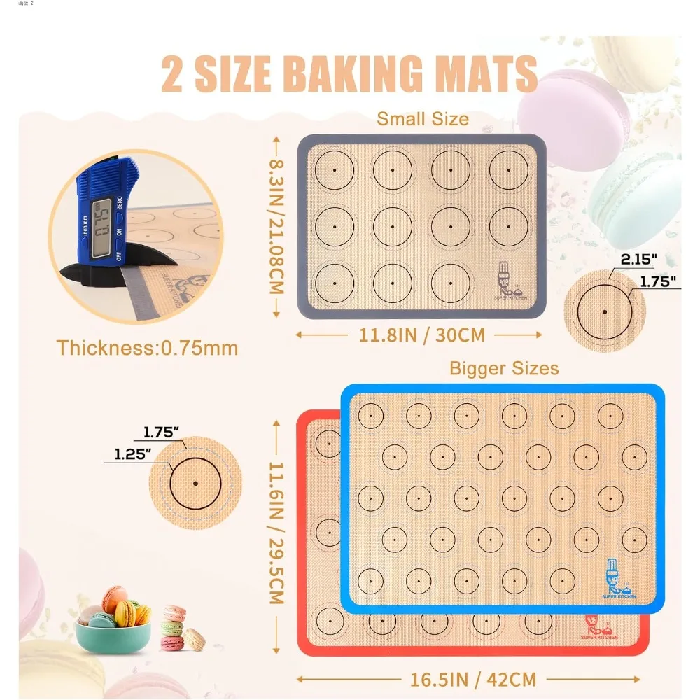 Juego de 3 Tapetes de Silicona Antiadherentes para Hornear, para Macarons, Galletas, Pizza, Pastel, Pan, Horno, Tostadora, 2 Tapetes de Media Lámina y 1 Tapete de Cuarto de Lámina, Premium, Rojo, Azul, Gris