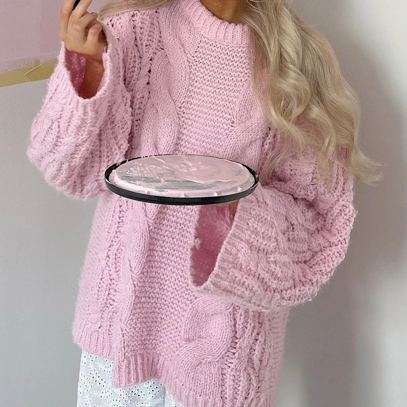 

Autumn Elegant Round Neck Pullover Jumper Women Fahsion Flared Sleeve Loose Knitted Tops 2025 Winter Casual Solid Color Sweater