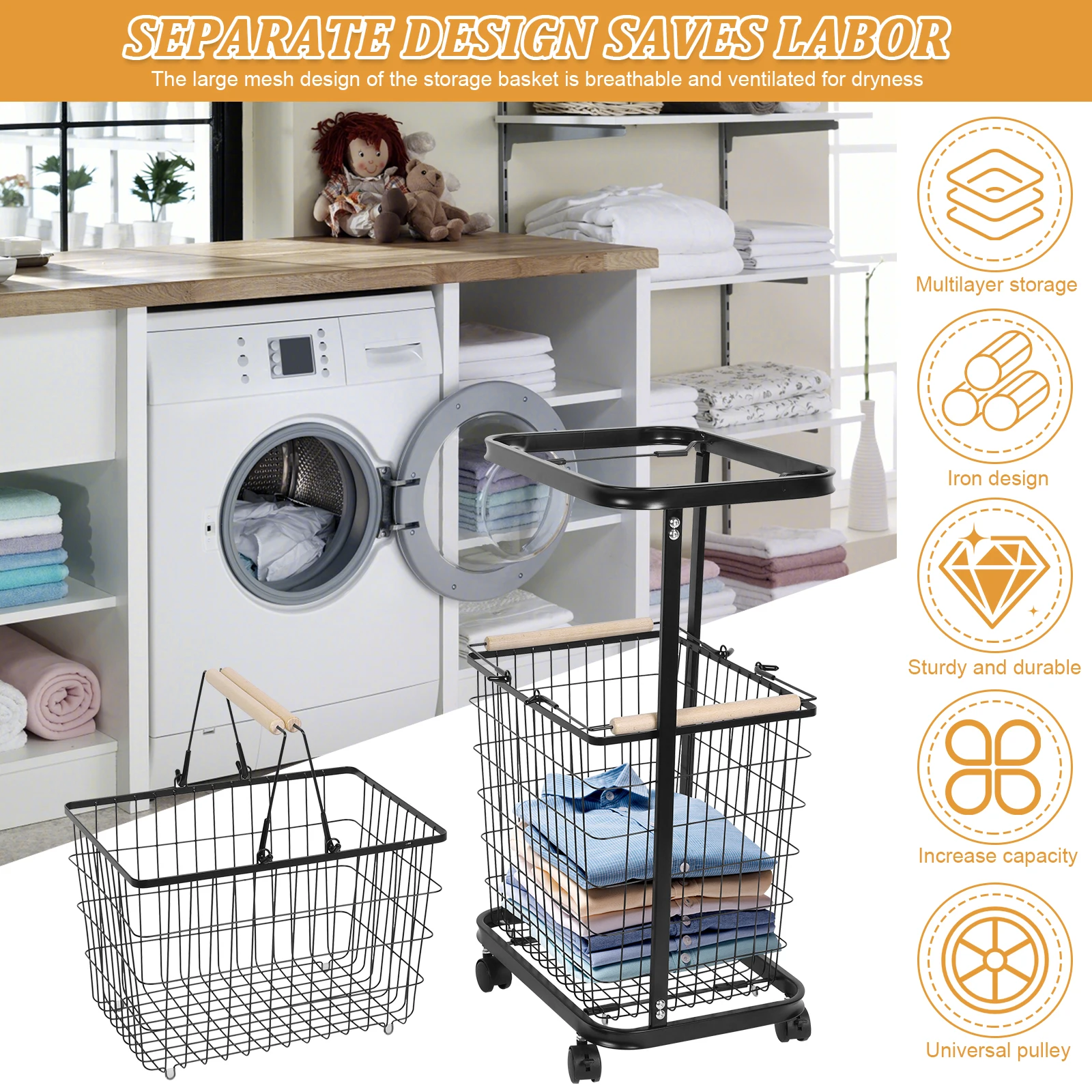 

2 Tier Rolling Laundry Basket with Wheels Wire Laundry Hamper Cart Laundry Hamper Trolley for Laundry Room Bathroom Bedroom
