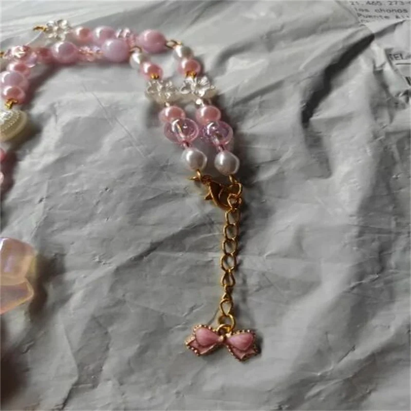 Coquette cottagecore strawberry bow necklace pearl fairycore heart pink white