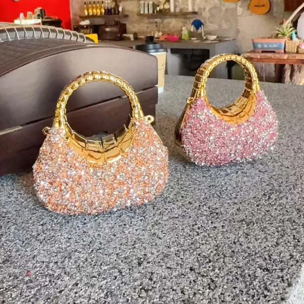 Crystal Embellished Crescent Evening Clutch High-shine Finish Geometric Pattern Rhinestone Box Purse Polished Surface