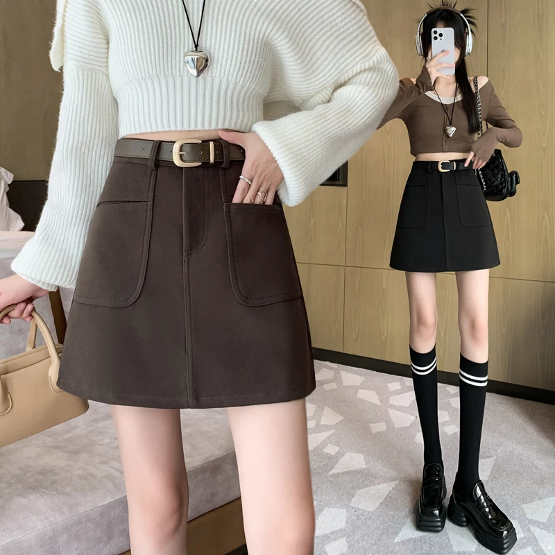 2023 Autumn/Winter Korean Edition Slimming and Anti Shining Woolen Half Skirt Spicy Girl A-line Skirt Wrapped Hip Skirt