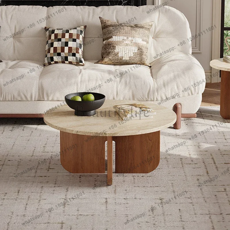 

Solid wood travertine coffee table small apartment living room household small round table retro marble reception low table