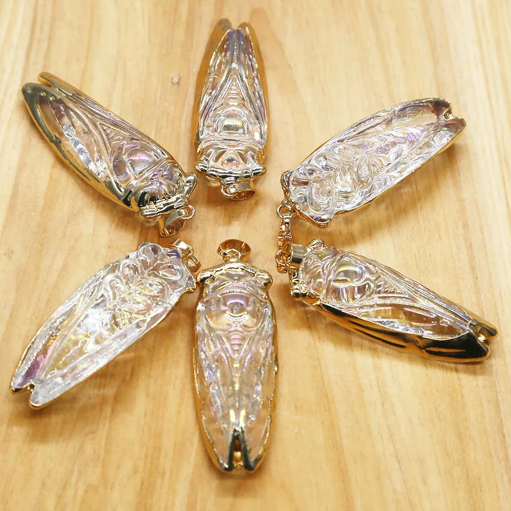 Synthetic Crystal Multicolor Cicada Cinging Gold Edge Necklace Pendants Color Changing Insect Jewelry Accessories Wholesale 8Pcs