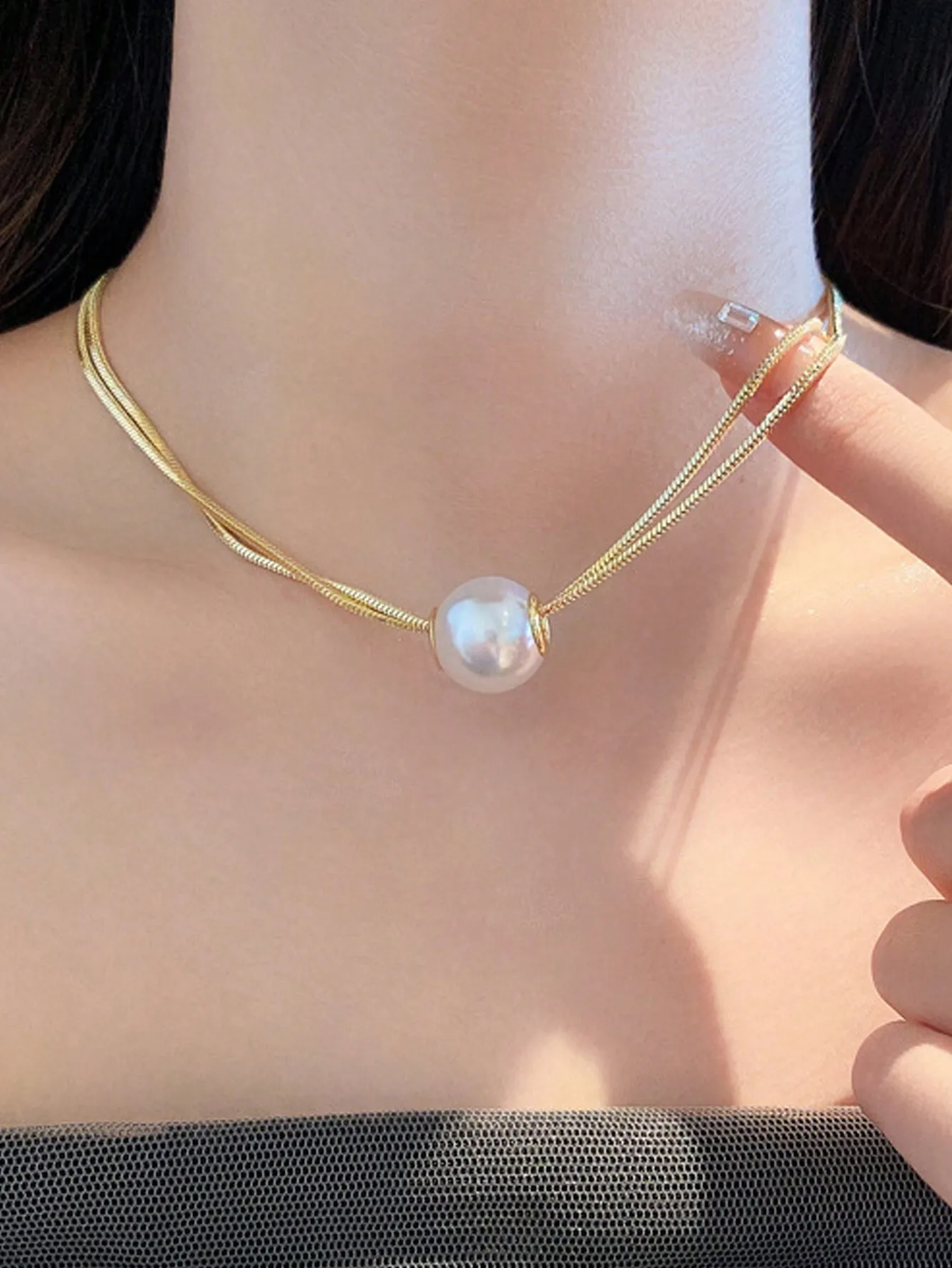 1pc Gold-Plated Fashionable Titanium Steel Double-Layer Faux Pearl Necklace For Women, Valentine's Day Valentines,Mom,Mother,Mother's Day,Gift