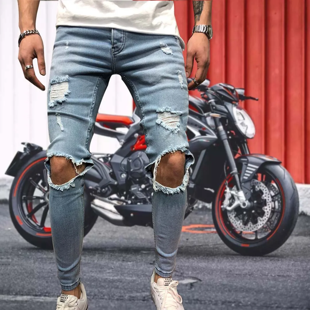 

Men Jeans Streetwear Knee Ripped Skinny Hip Hop Fashion Estroyed Pencil Pants Solid Color Male Stretch Casual Denim Big Trousers