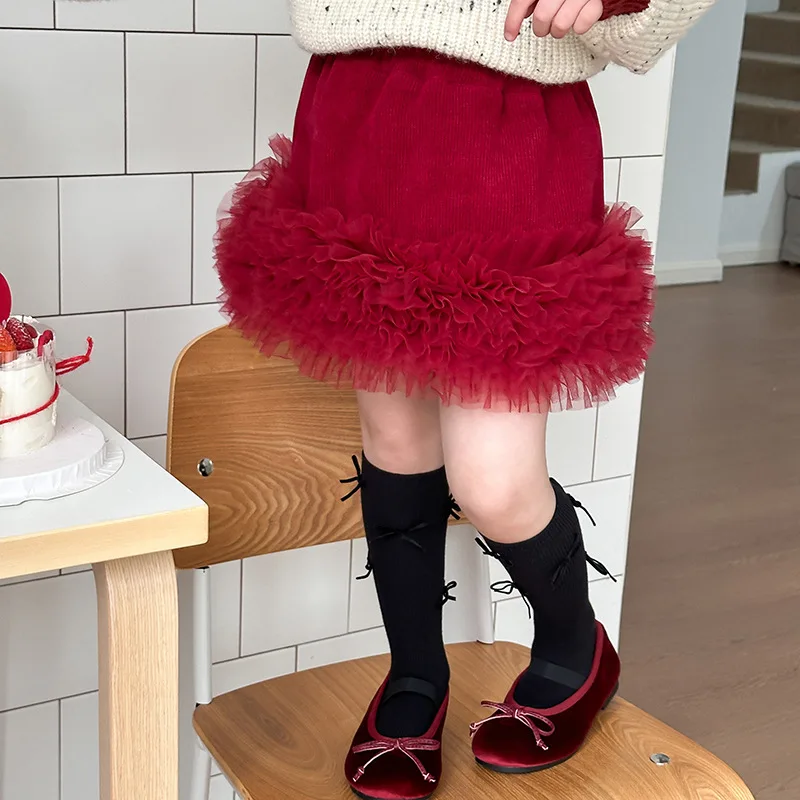 New Kids Baby Girls' Fleece-lined Tutu Skirt - Warm Integrated Fleece Layered Tulle Princess Mini Skirt Kawaii Red Skirt